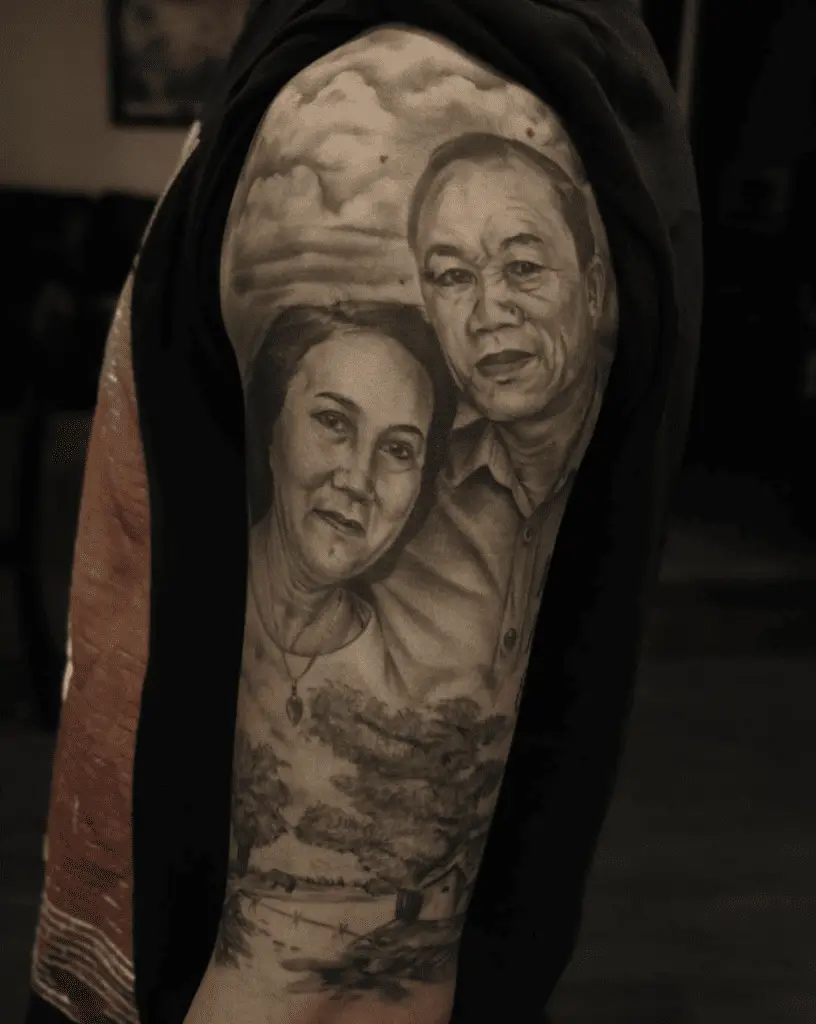 Portrait of Mom and Dad Upper Arm Tattoo