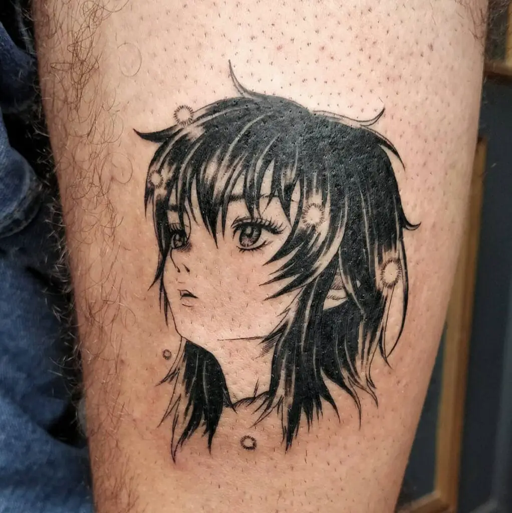 Pretty Casca Head With Floating Shimmering Calves Tattoo