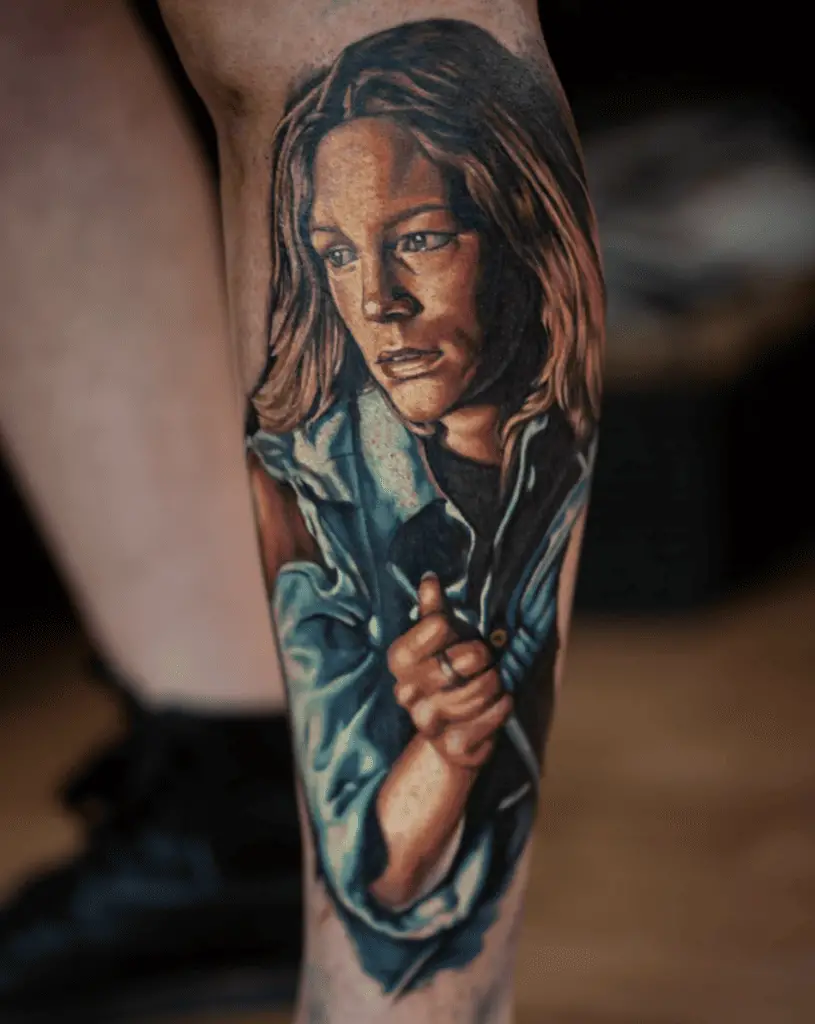 Realistic Colored of Crossed Fist Terrified Lady In A Blue Clothes Leg Tattoo
