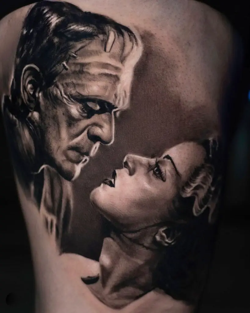 Realistic Old Man With Large Head Stitches and Beautiful Young Lady are Positioned Close Together Tattoo