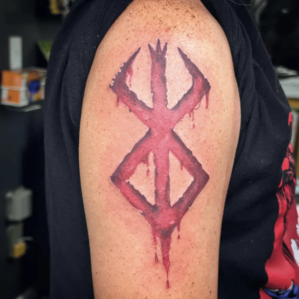 Red 3D Blood Berserk Logo Upper Arm Tattoo