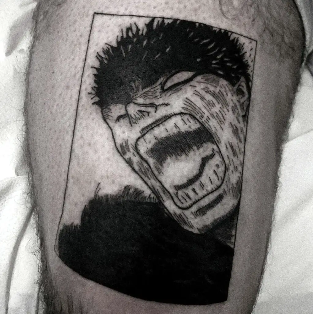 Screaming Guts In Panel Thigh Tattoo