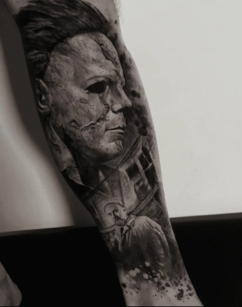 Side View Protrait of a Man With a Pale Mask and Below a Frighten Bald Man Leg Tattoo