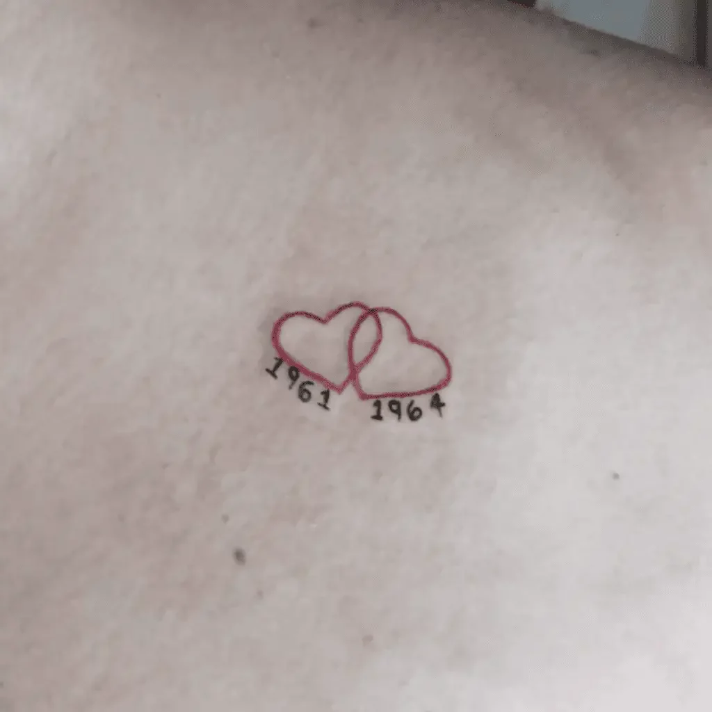 Simple Double Red Line Heart with Date Back Tattoo