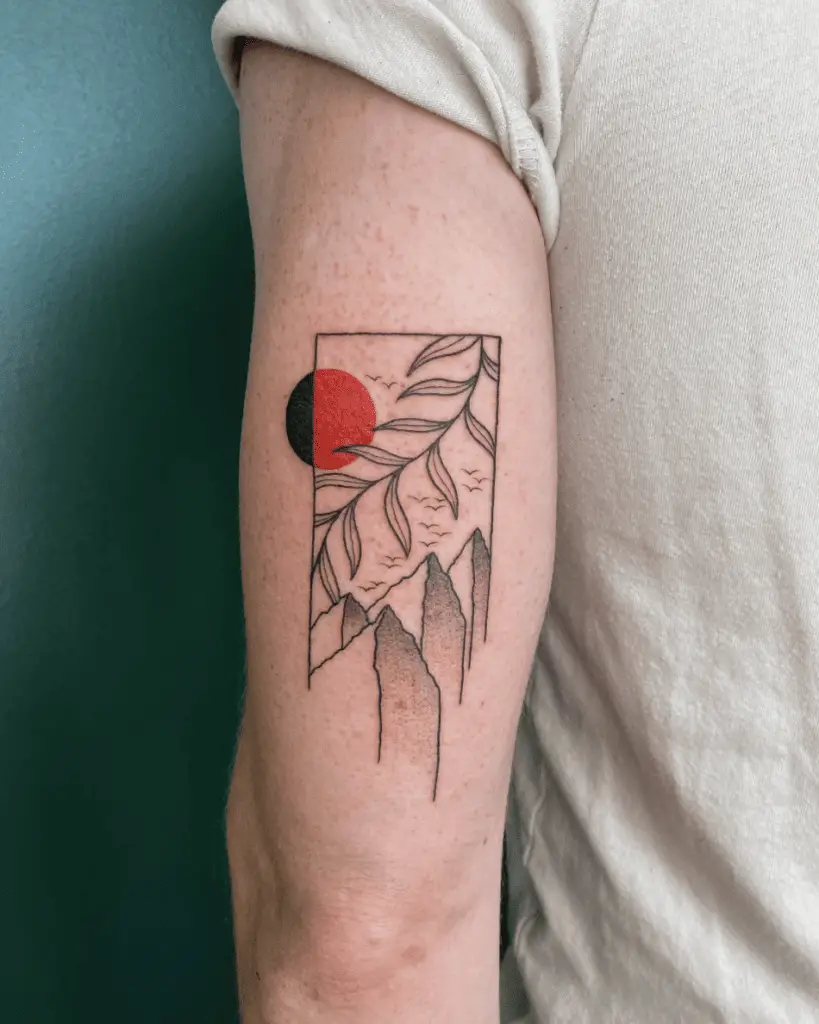 Simple Landscape with Red Sun, Leaves Strand, and Birds Flying Arm Tattoo