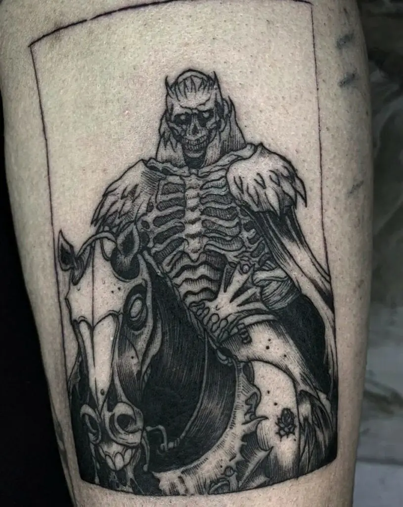 Skull With a Cape Seated on a Horse Leg Tattoo