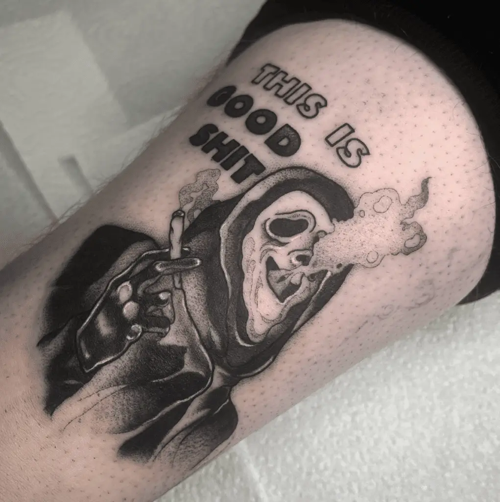 Smoking Grim Reaper With Text Arm Tattoo