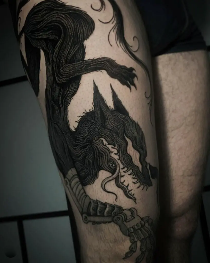 Swirl Art Dragon with Mechanical Arm Leg Tattoo