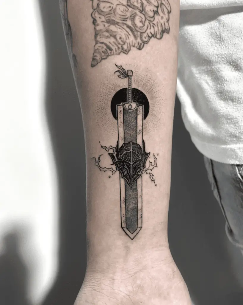 Sword With Mask and Eclipse Arm Tattoo