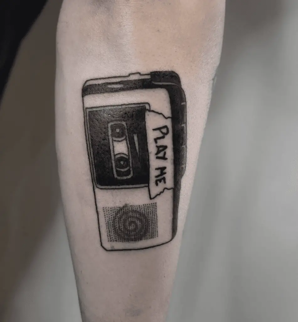 Tape Recorder With Text Arm Tattoo
