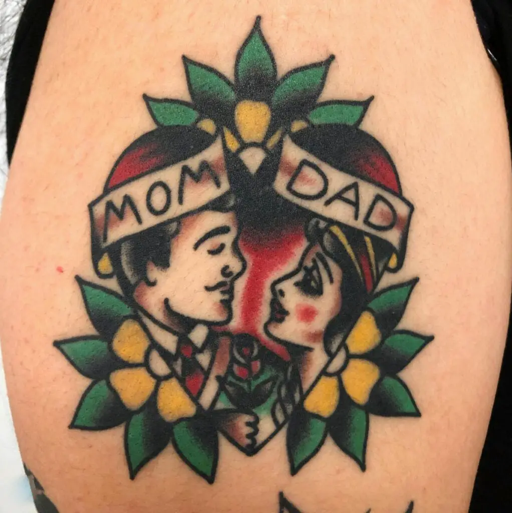 Traditional Mom and Dad Being Romantic Floral Heart Upper Arm Tattoo