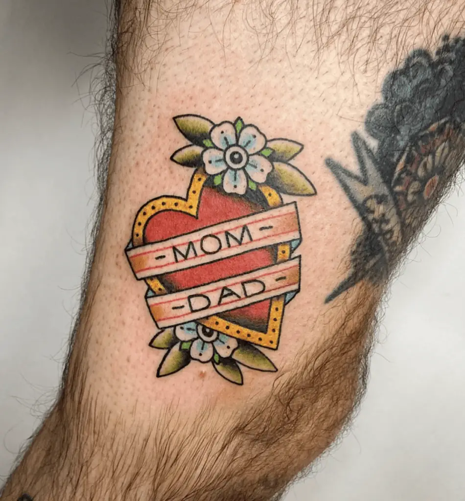 Traditional Mom and Dad in Floral Heart Leg Tattoo