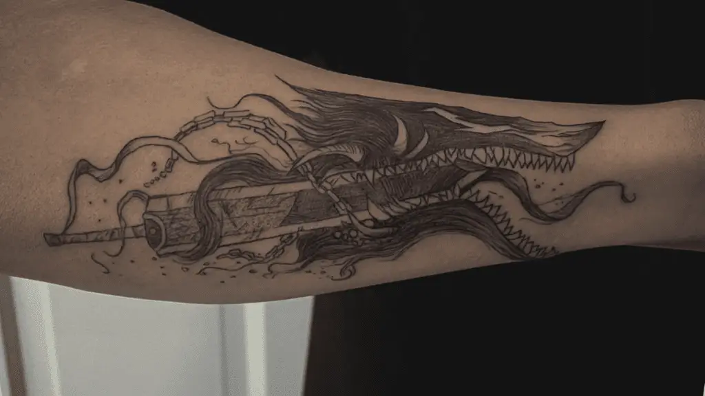 Transformation of Sword Into Dragon Creature Forearm Tattoo