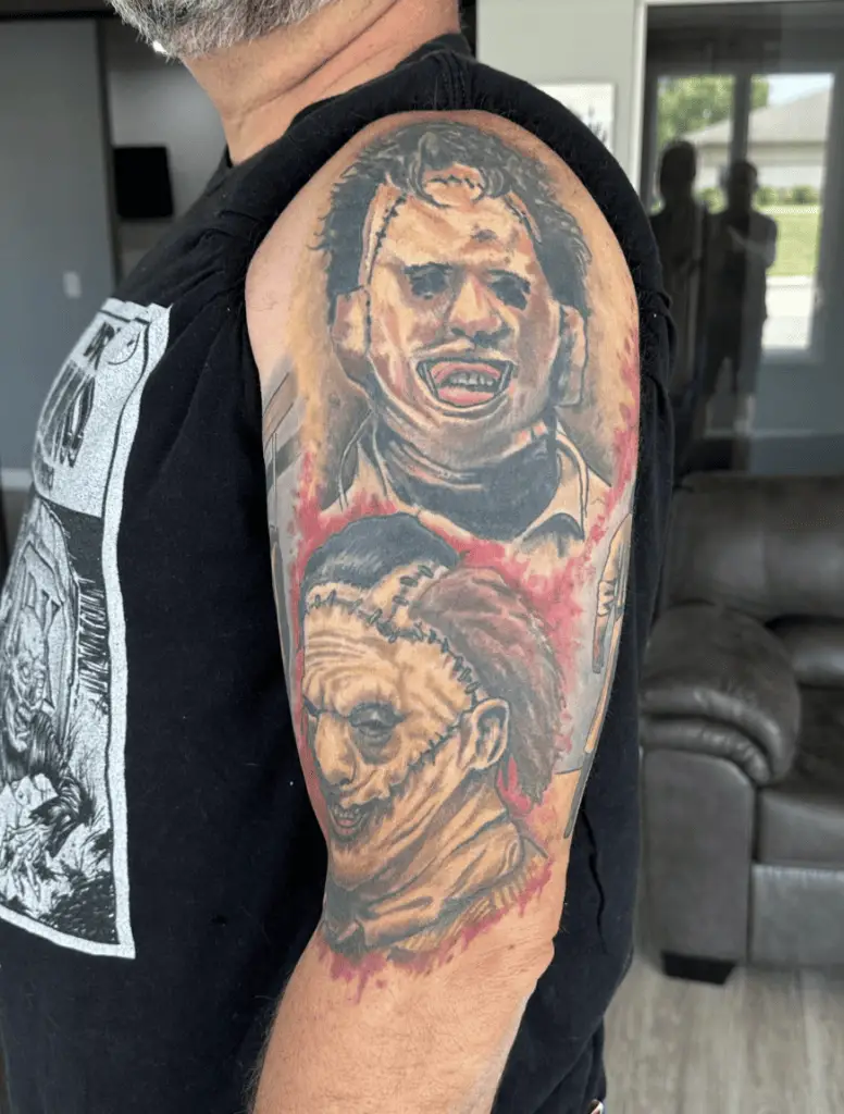 Two Portraits of Creepy Man Upper Arm Tattoo