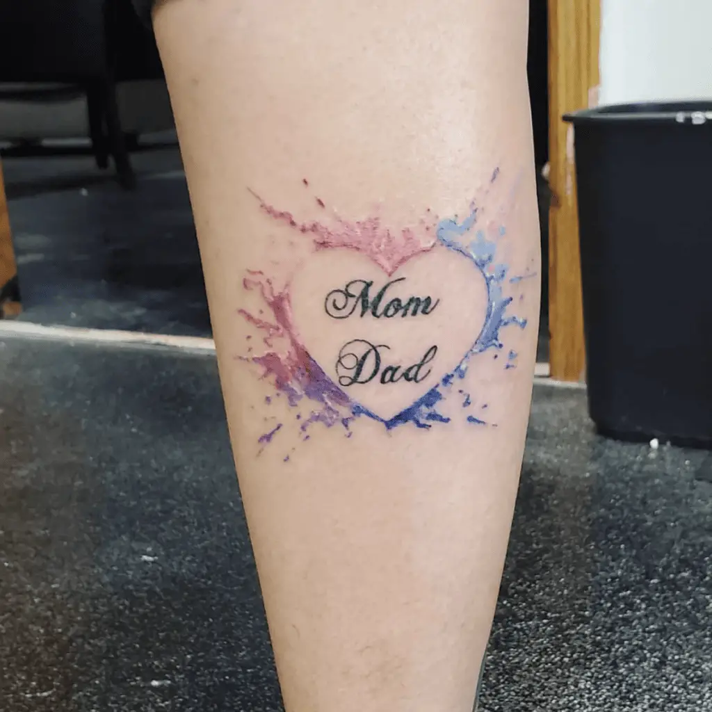 Watercolor Mom and Dad in Heart Splatter Leg Tattoo