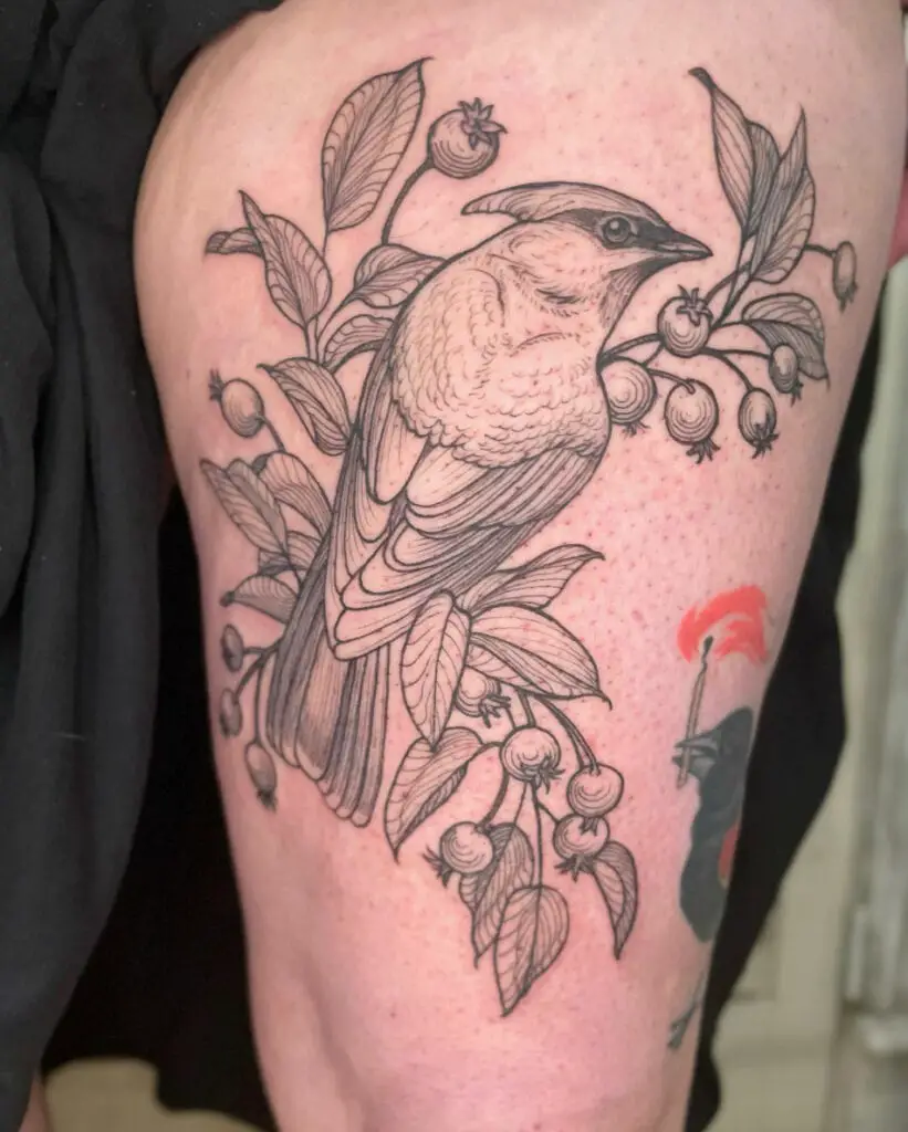 Waxwing Bird and Toyon Berries Tattoo