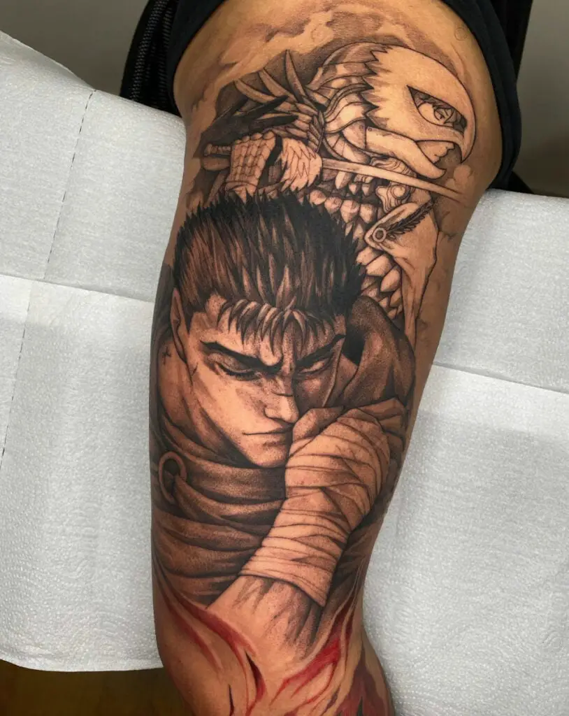 Whip Shade Portrait of Injured Guts and White Hawk Griffith Side View Tattoo