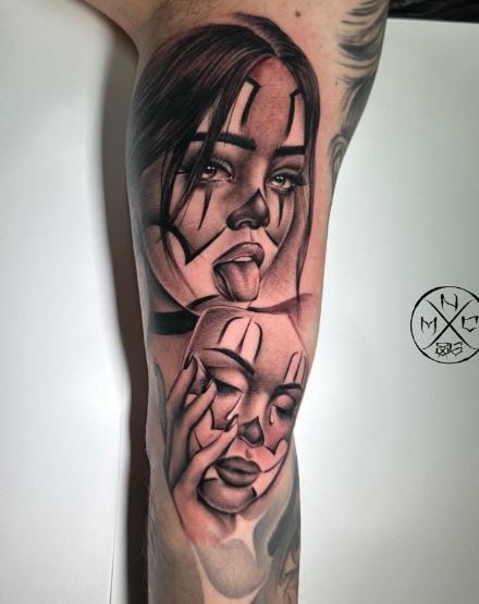 Woman Face and Woman Crying Mask Arm Tattoo