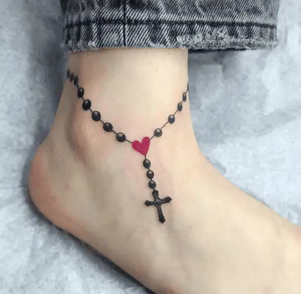 Rosary Beads with Pink Heart Anklet Tattoo