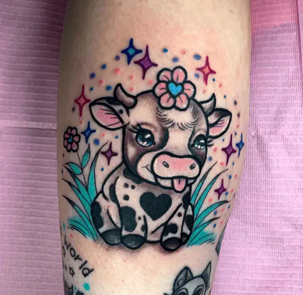 Little Moo Lady Tattoo with Colorful Sparks