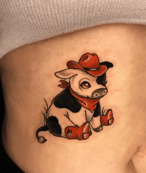 Cute Cowboy Cow Ribs Tattoo