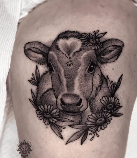 Sketch Style Cow Head Tattoo with Flowers