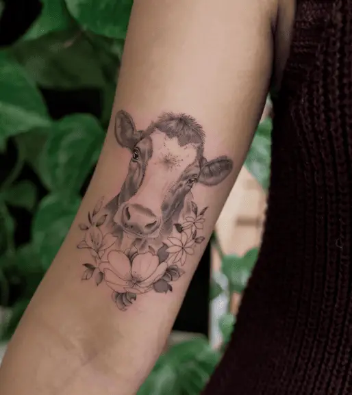 Cow Head with Florals Tattoo
