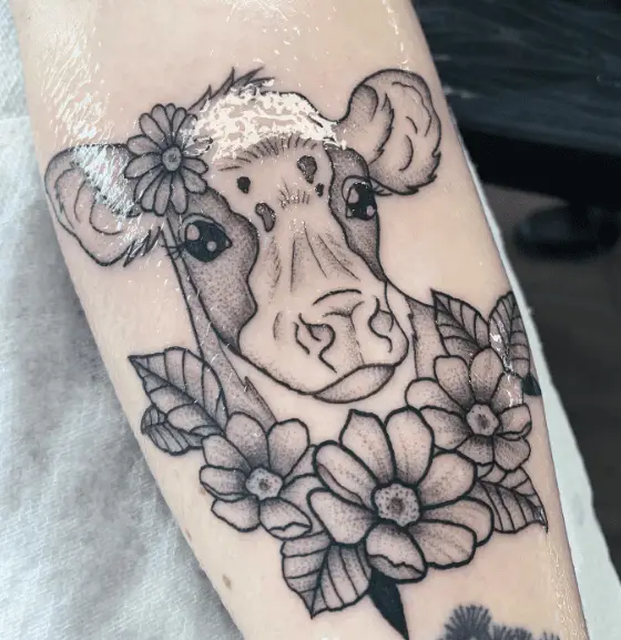 Grey and Black Line Cow with Flowers Tattoo