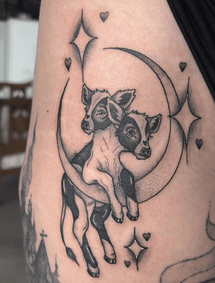 Two Headed Calf Hanging on to the Moon Tattoo