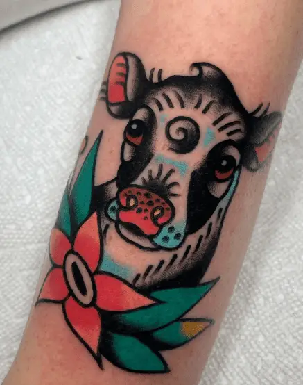 Traditional Cow Head with Flowers Tattoo