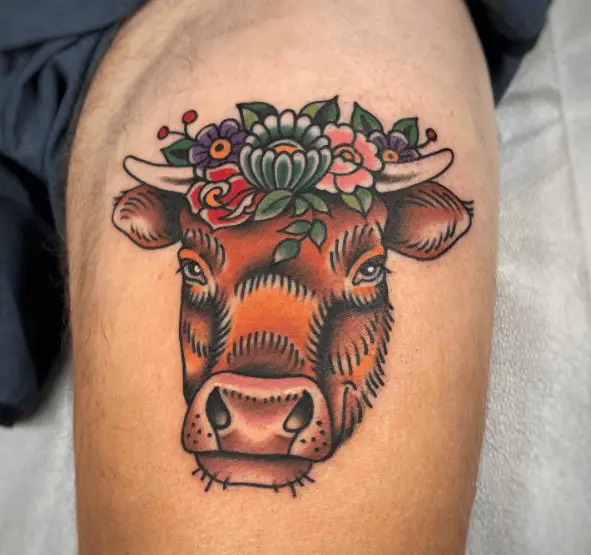 Brown Cow Head with Flowers Tattoo