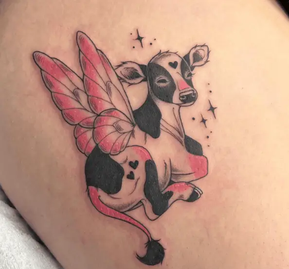 Pink Winged Cow Tattoo