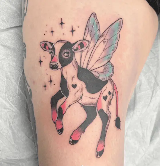 Blue Winged Pink Shaded Cow Tattoo