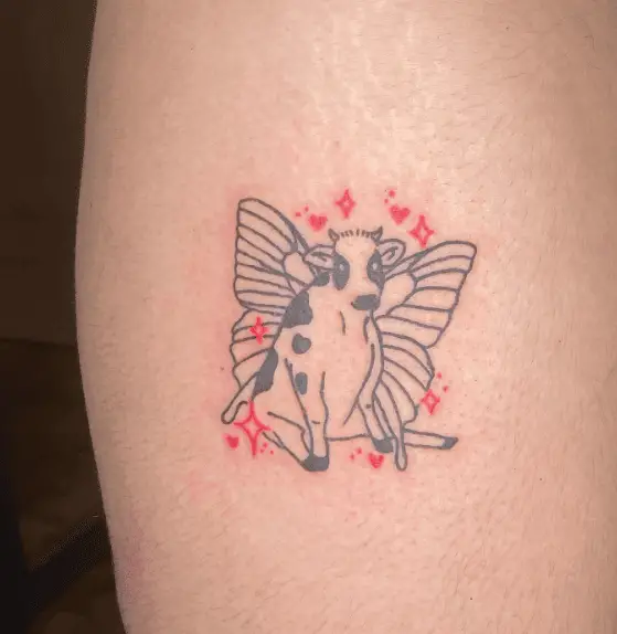 Black Lined Cow Tattoo with Red Sparks