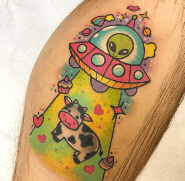 Multicolored Alien with Cow Tattoo