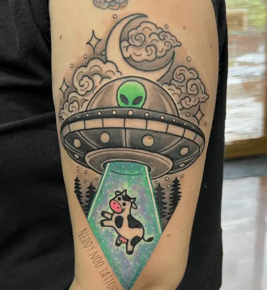 Greyscale UFO with Cow Tattoo