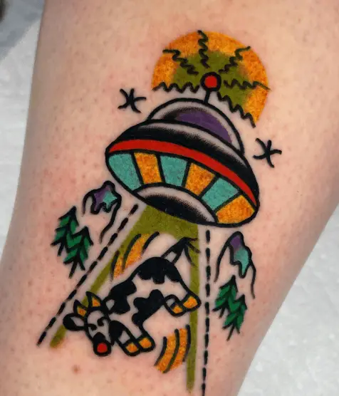 Multicolored UFO and Cow Tattoo