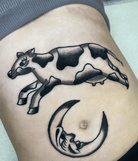 Black and Grey Cow Jumping Over the Moon Tattoo