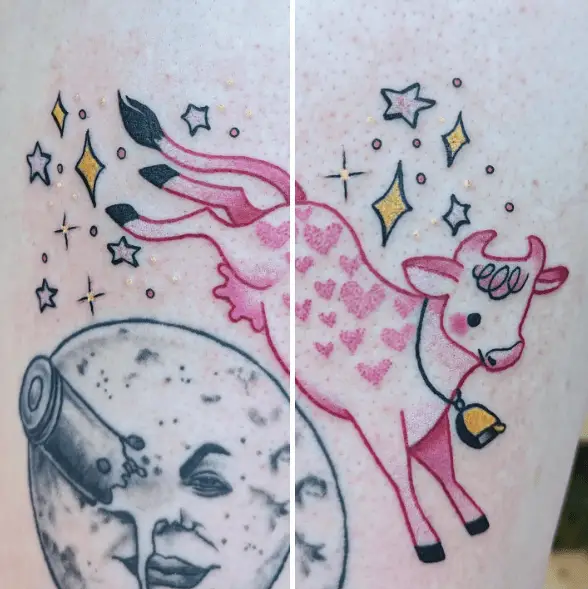 Pink Cow Jumping Over the Moon Tattoo with Sparks