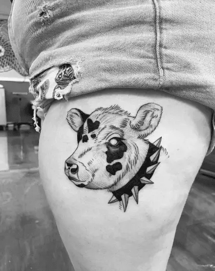 Black and Grey Cow with Thorns Thigh Tattoo