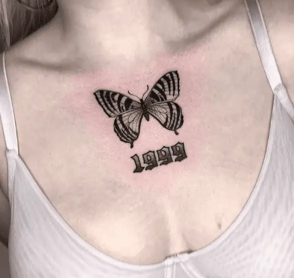 1999 Year Tattoo with Butterfly Chest Tattoo