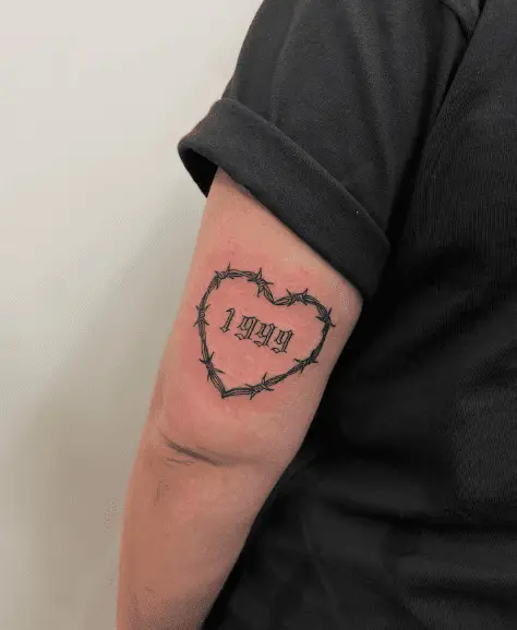 1999 Year with Heart Shaped Barbed Wire Tattoo