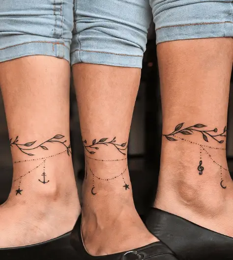 Stars and Moon Anklet with Leaves Tattoo