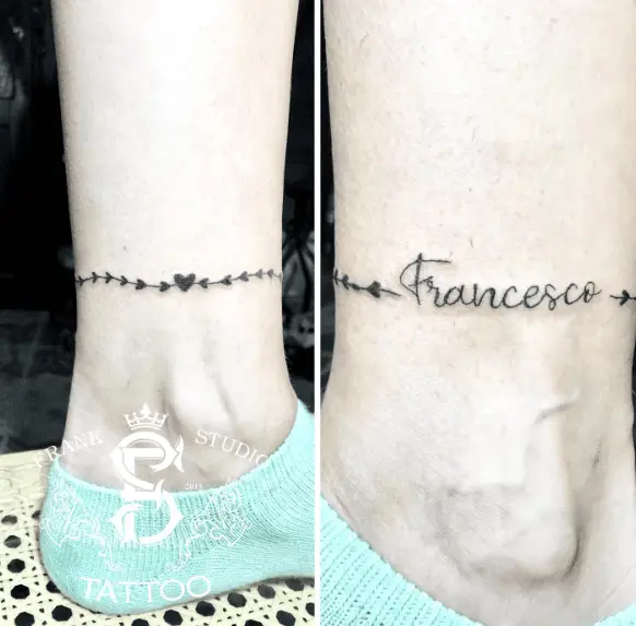 Tiny Hearts Anklet with Lettering Tattoo