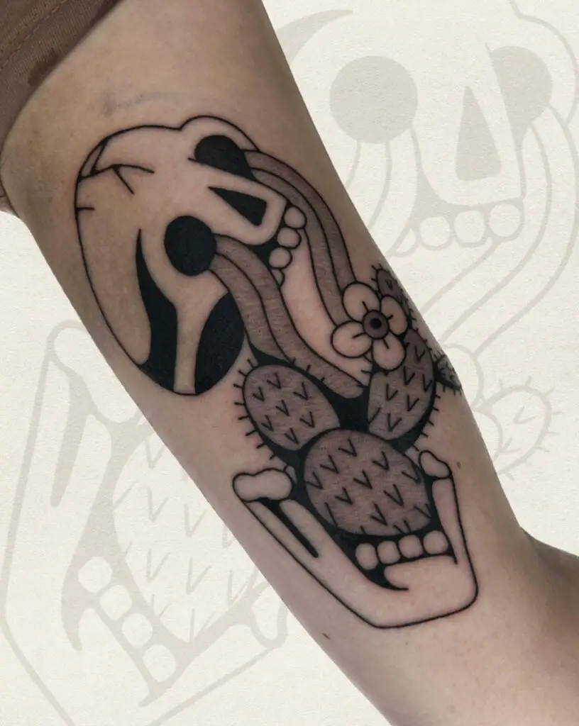 A Skeleton Waters the Cactus Arm Tattoo