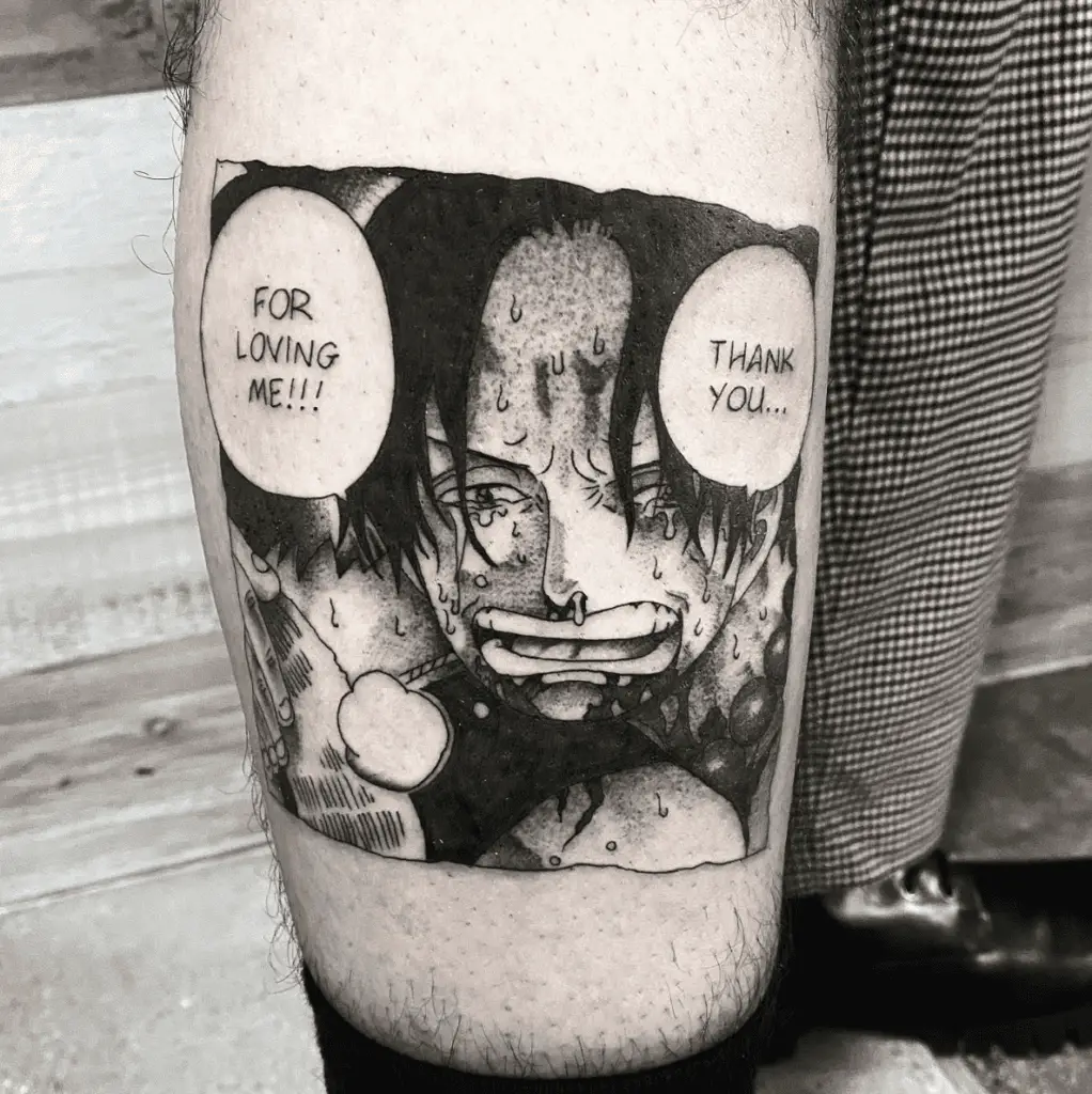 Ace Crying With Dialogue Speech Bubble in Outline Box Leg Tattoo