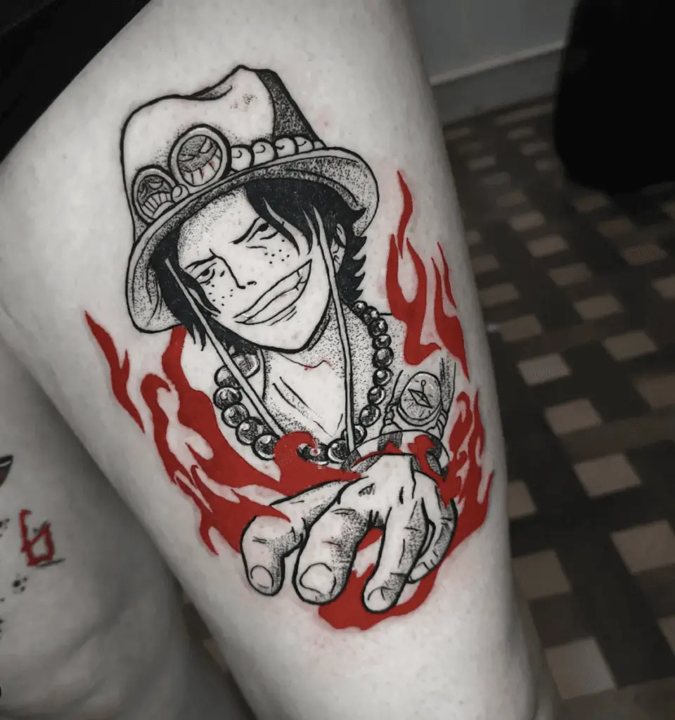 Ace Grasping With Red FIre Thigh Tattoo