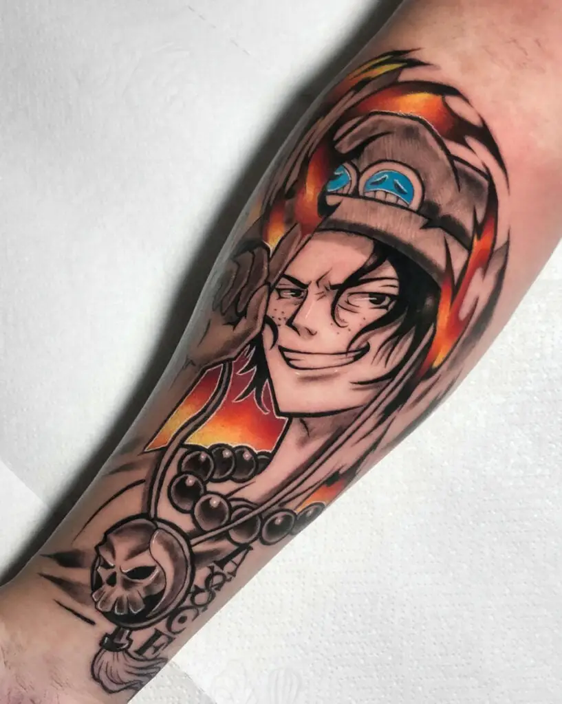 Ace Smiling With Fire Background Arm Tattoo
