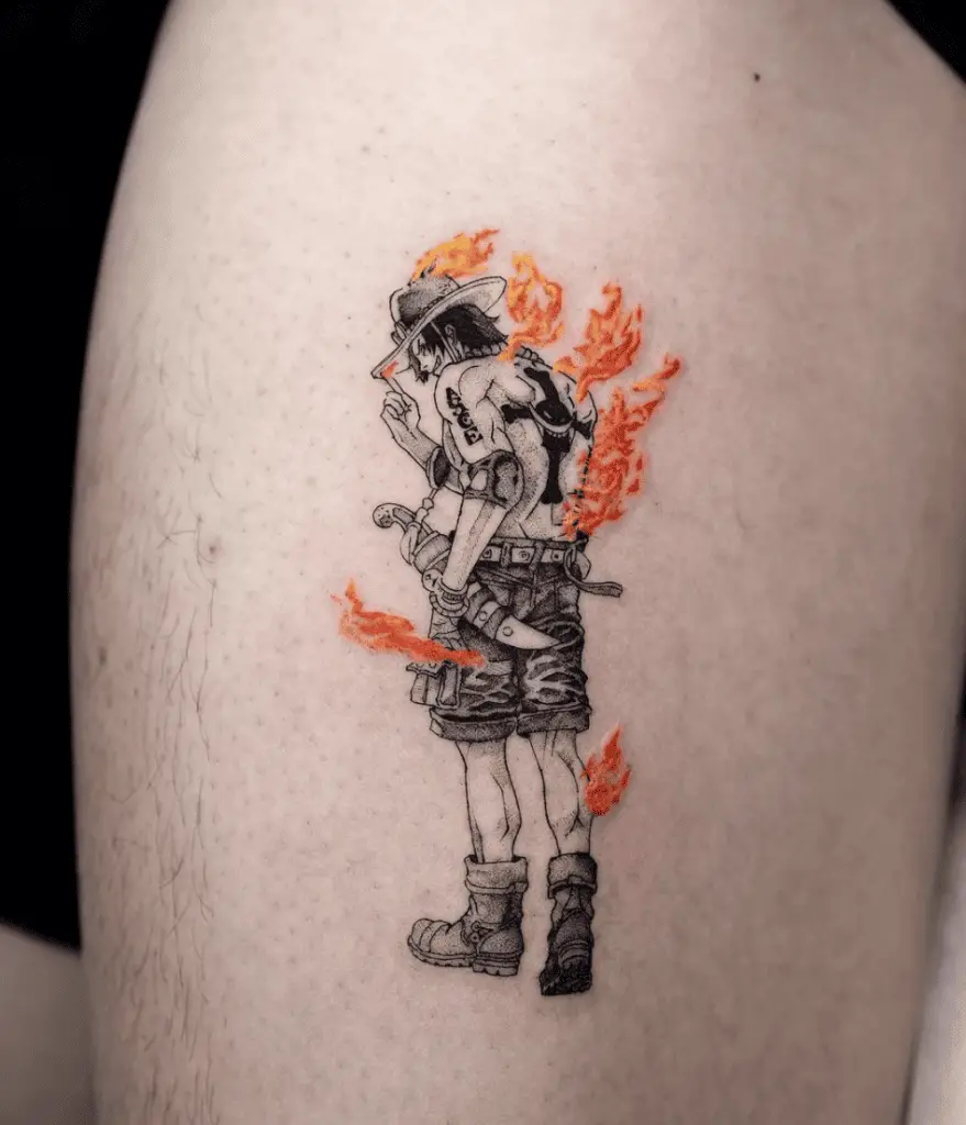 Ace Standing With Flames Thigh Tattoo