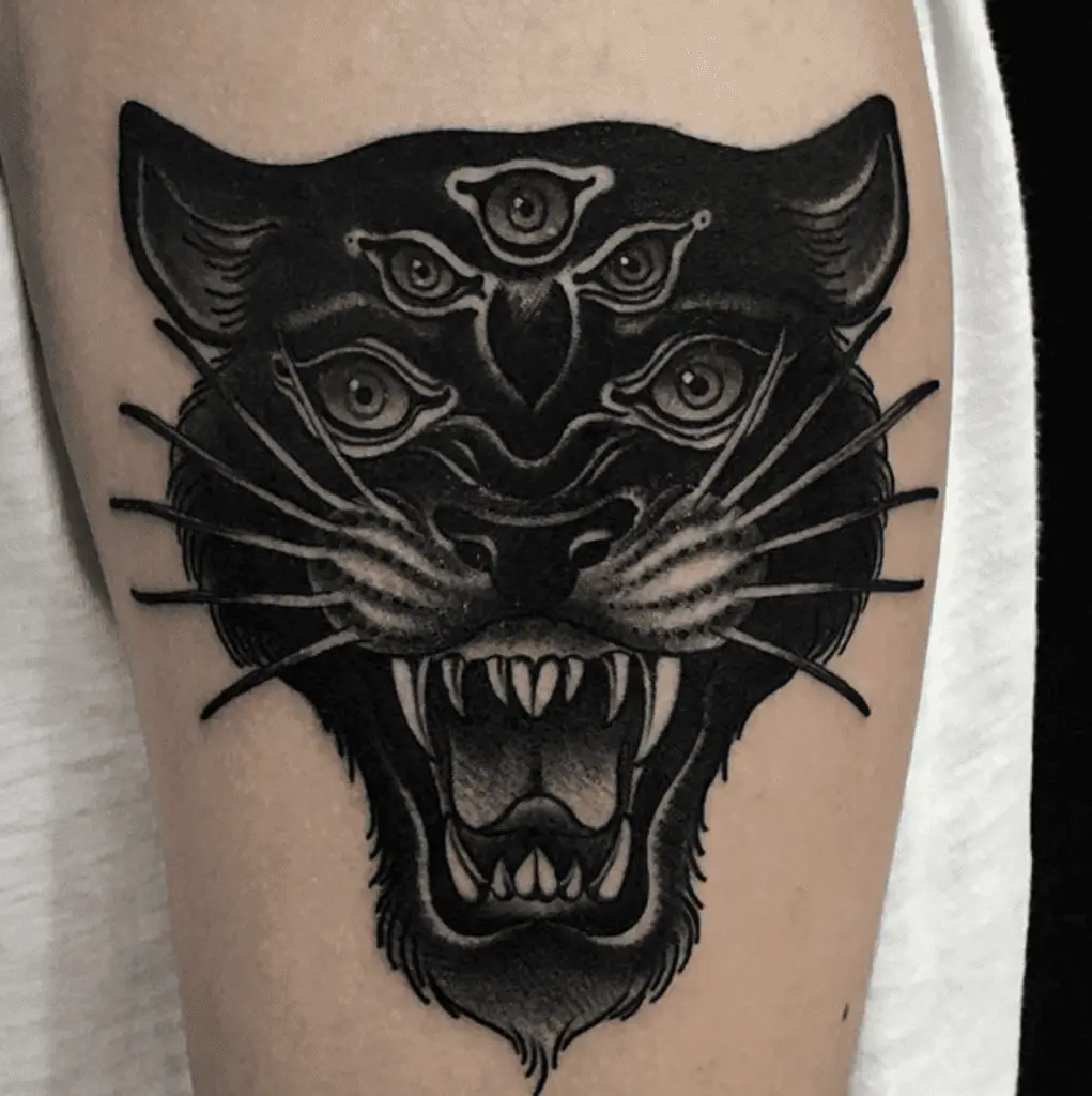 Angry Five Eyed Black Panther Upper Arm Tattoo